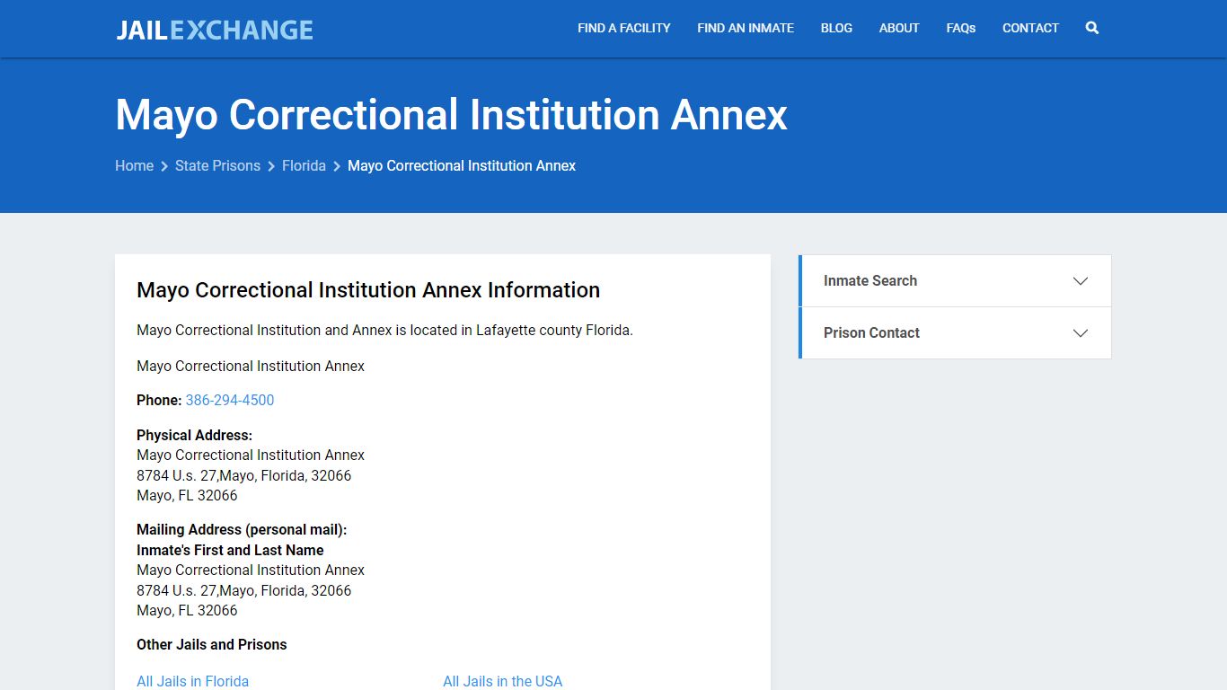 Mayo Correctional Institution Annex Inmate Search, FL - Jail Exchange