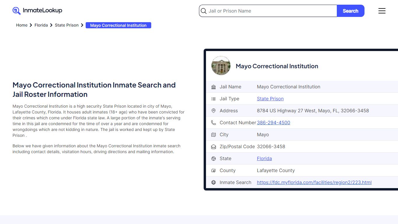 Mayo Correctional Institution Inmate Search - Mayo Florida - Inmate Lookup
